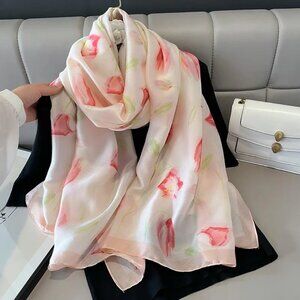 2/$30 NEW Dainty Look Tulip Pale Pink Floral Flower Printed Silky Fashion Scarf